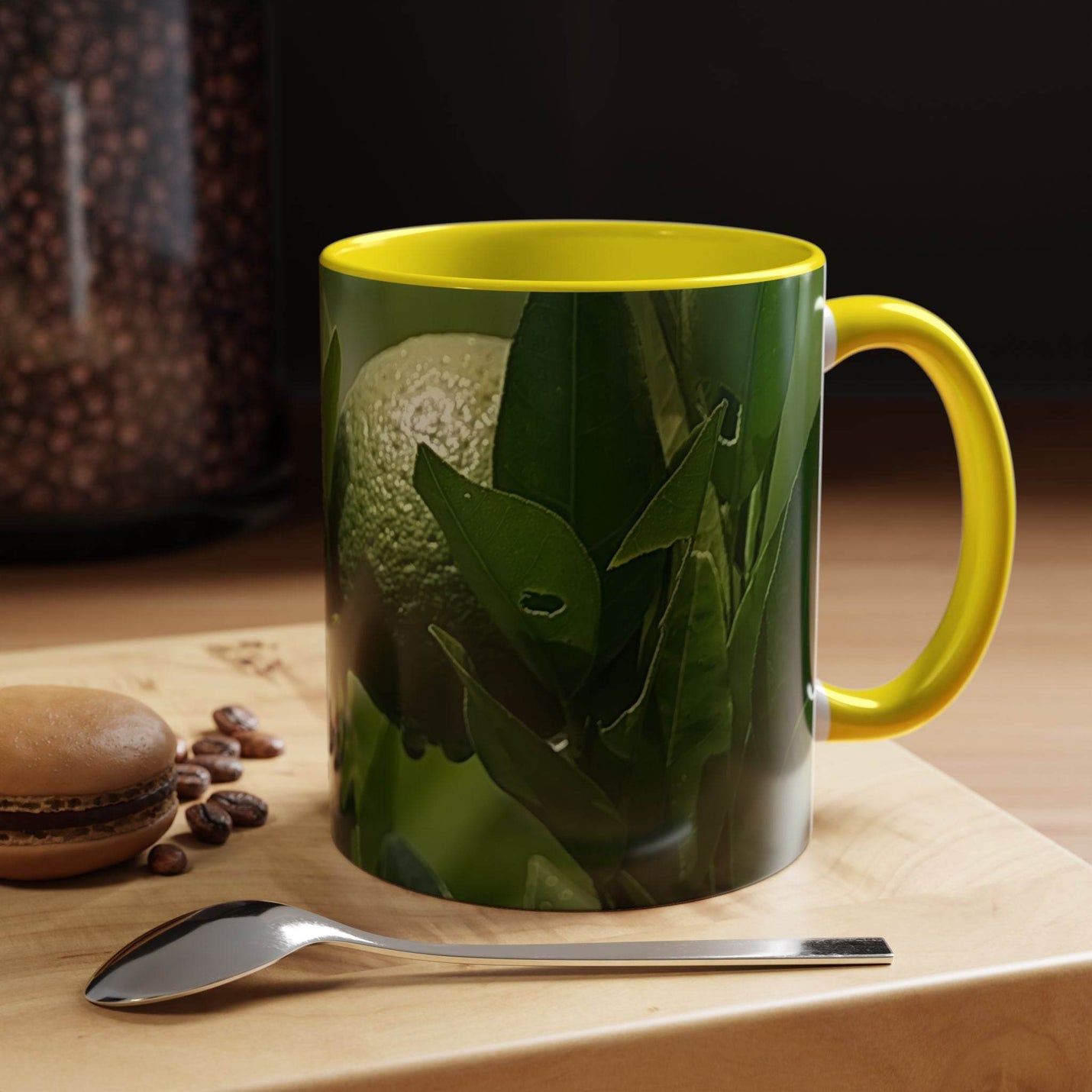 Colorful 11oz Fruit Mug on display, showcasing the happy yellow handle and yellow inside design print finish.