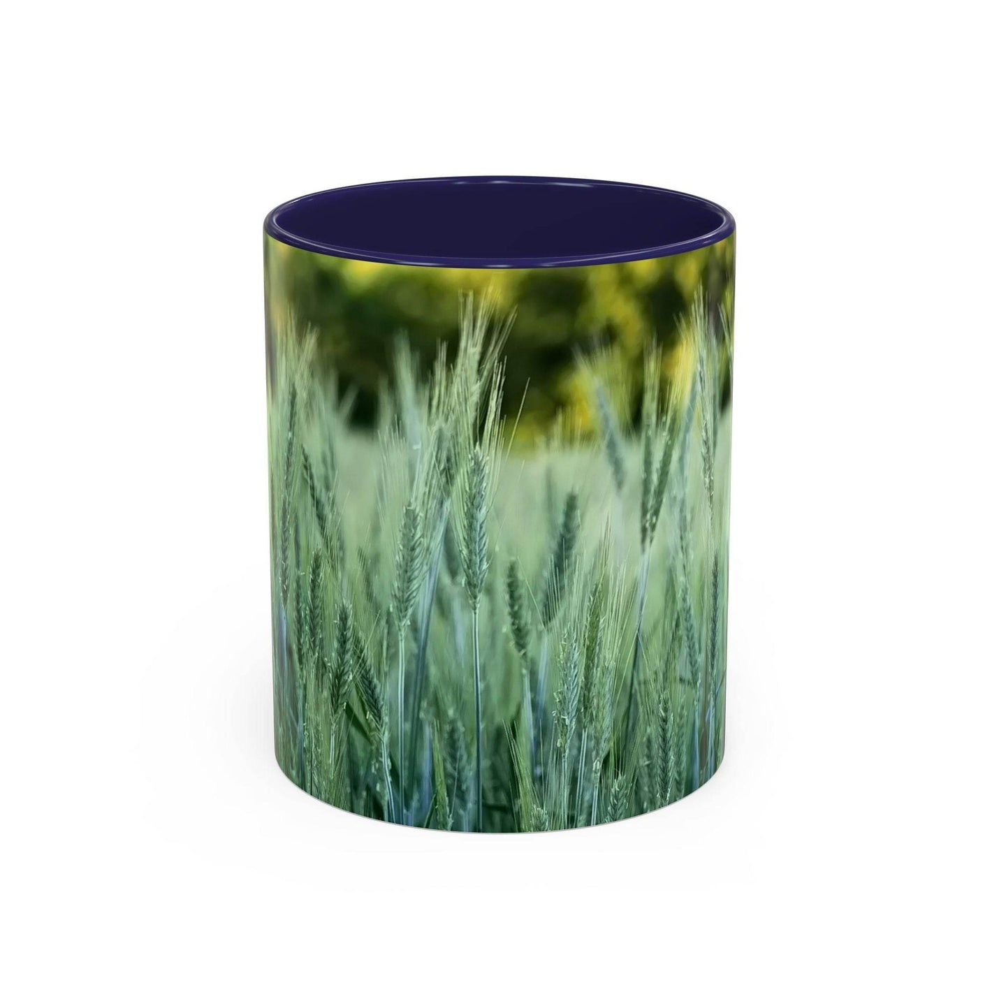 Cozy lifestyle view of 11oz Mug - Wheat Field Design Coffee Mug styled with a navy handle and navy inside.