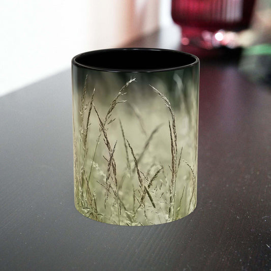 Ceramic mug with flowering grass design for nature lovers.