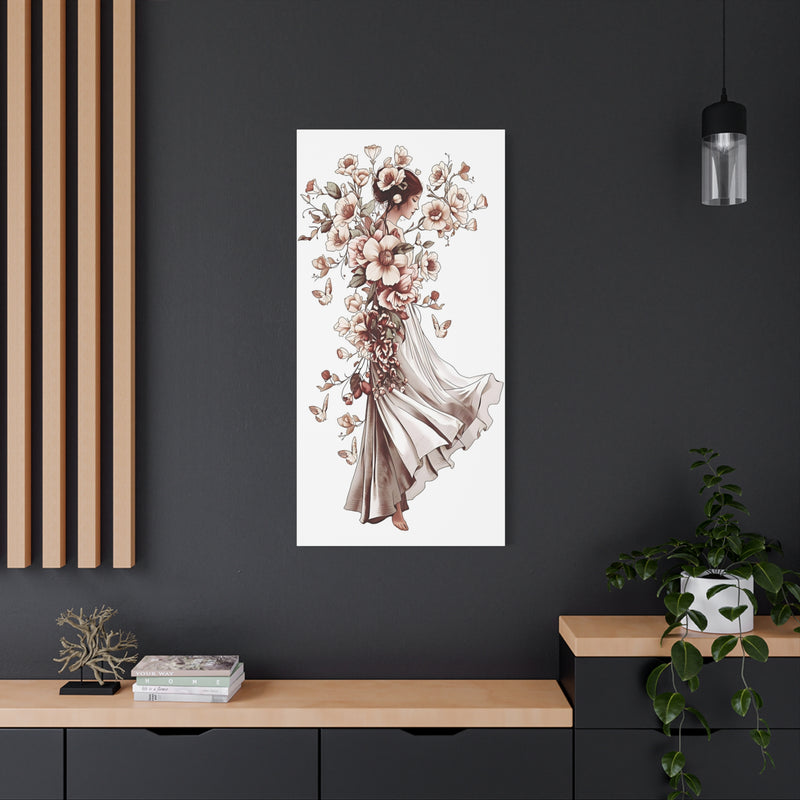 Blossoms and butterflies art on a 24″ x 48″ | 60.96 cm x 121.92 cm matte canvas print, Depth 1.25″ | 3.18 cm.