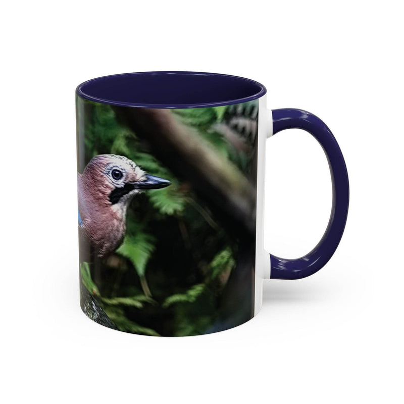Eichelhäher Kaffeebecher 325ml, innen und am Henkel marineblau gestaltet.