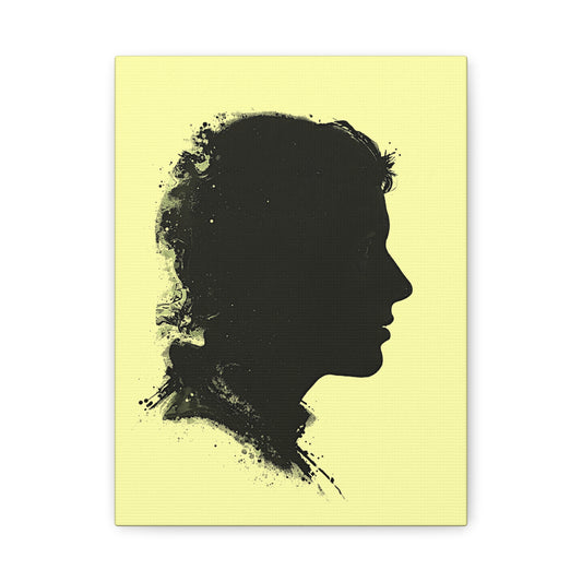 Silhouette Portrait Canvas Print — Vintage Black Profile on Soft Yellow Matte