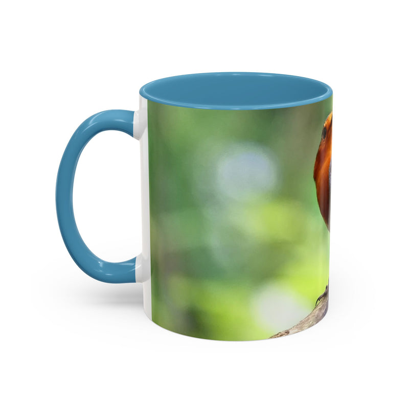 Stately Robin Ceramic Mug 325ml with Light Blue handle and interior — close-up of bird photo on mug.