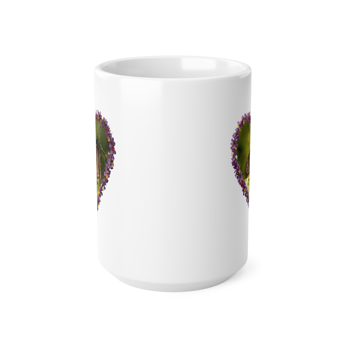High-quality 440ml ceramic mug with a beautiful nature-inspired butterfly heart print, perfect for kitchen shelves.