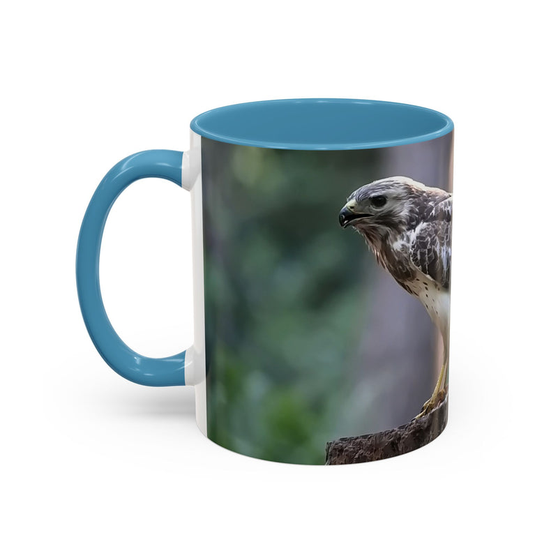 Keramik Mäusebussard Becher 325ml mit hellblauem Henkel und Innenseite.
