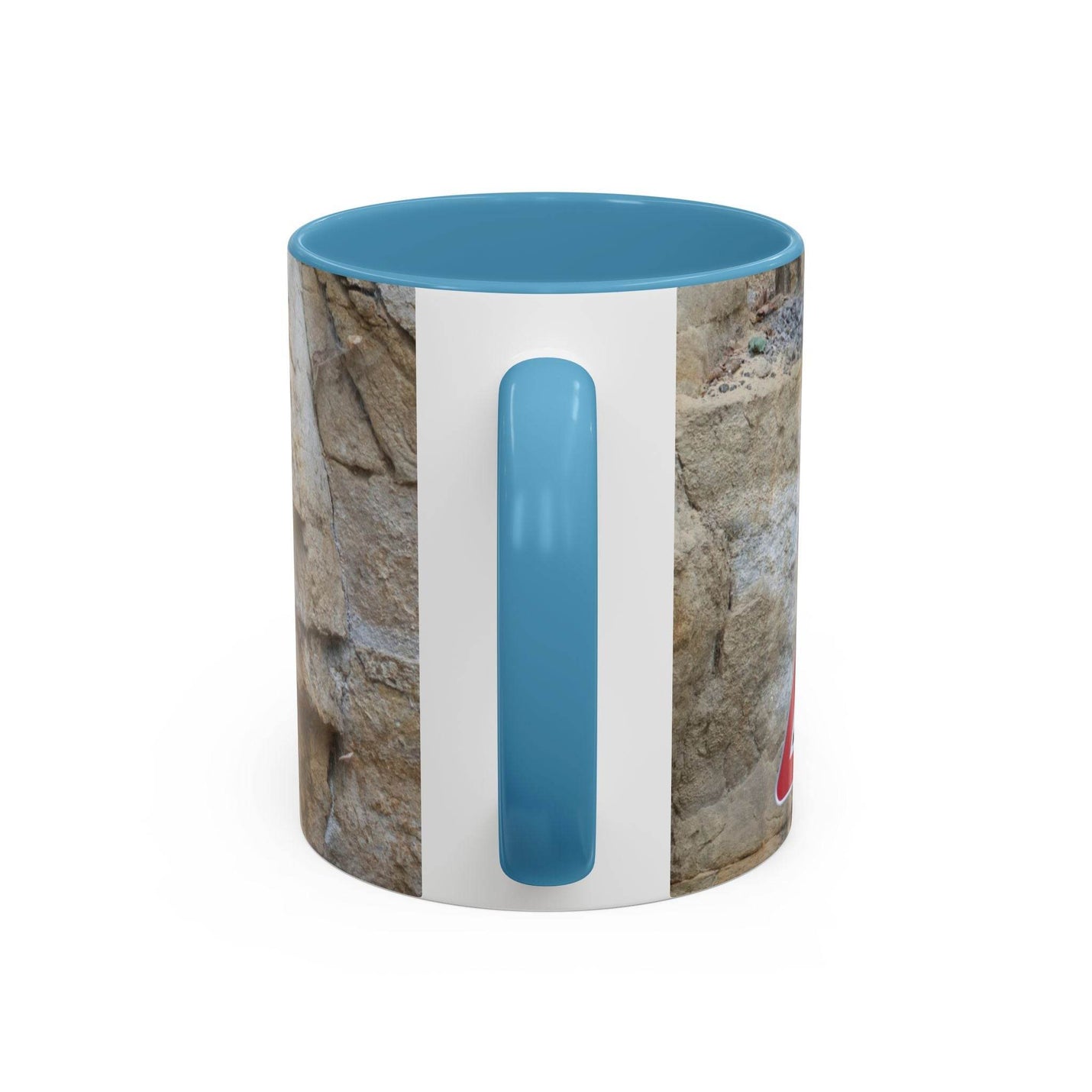 Langlebiger 325ml Bergsteiger Keramik-Becher für Outdoor-Fans, komplett mit einem schönen hellblauen Henkel und hellblauer Innenseite.