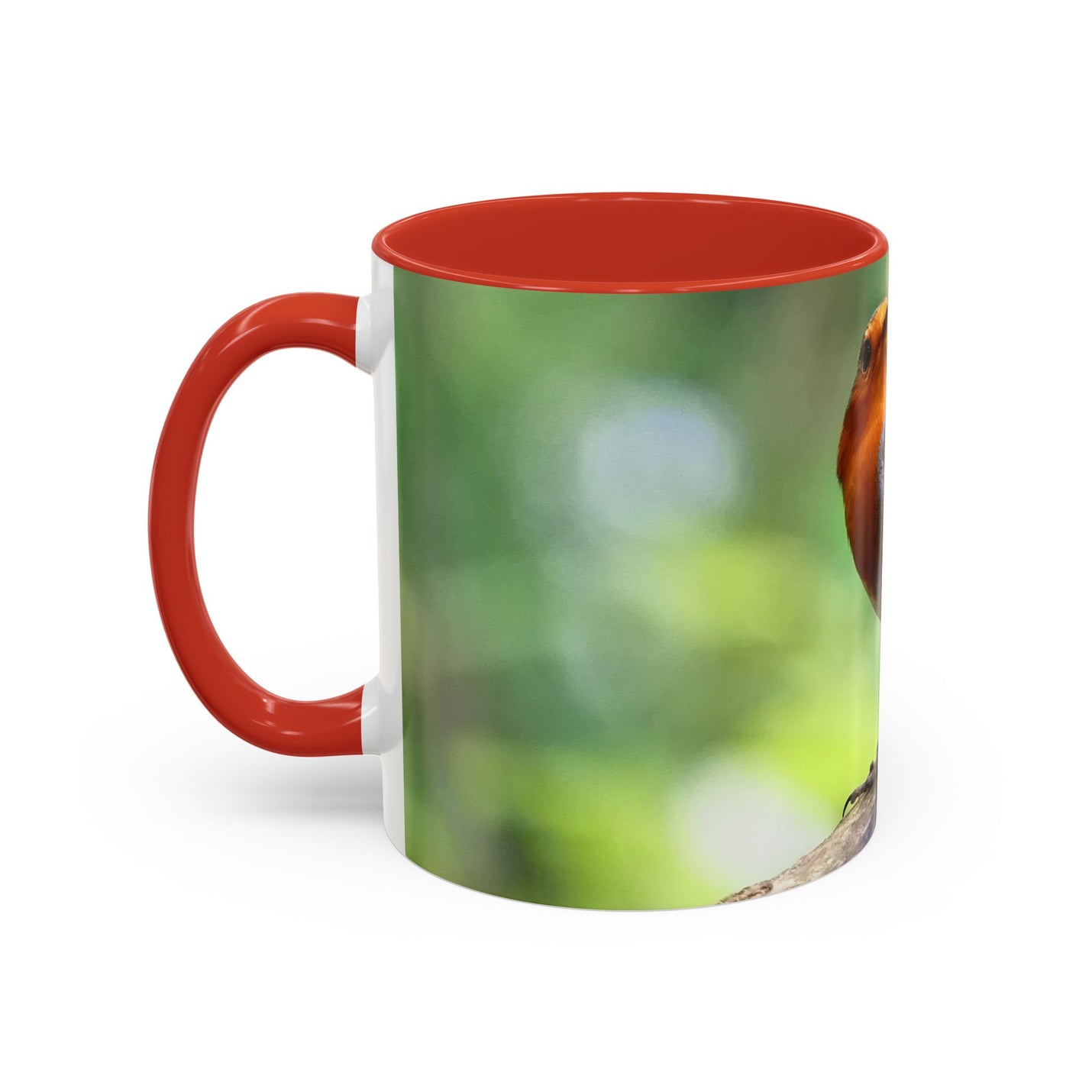 Stately Robin Ceramic Mug 325ml with Red handle and interior — festive robin bird art on white ceramic.