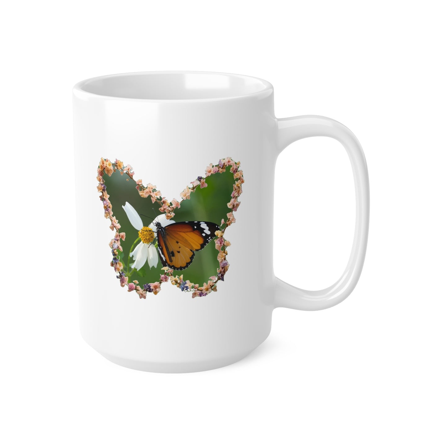 High-quality 440ml white ceramic coffee mug wrapped in a vibrant butterfly daisy wreath pattern with ORCA coating.