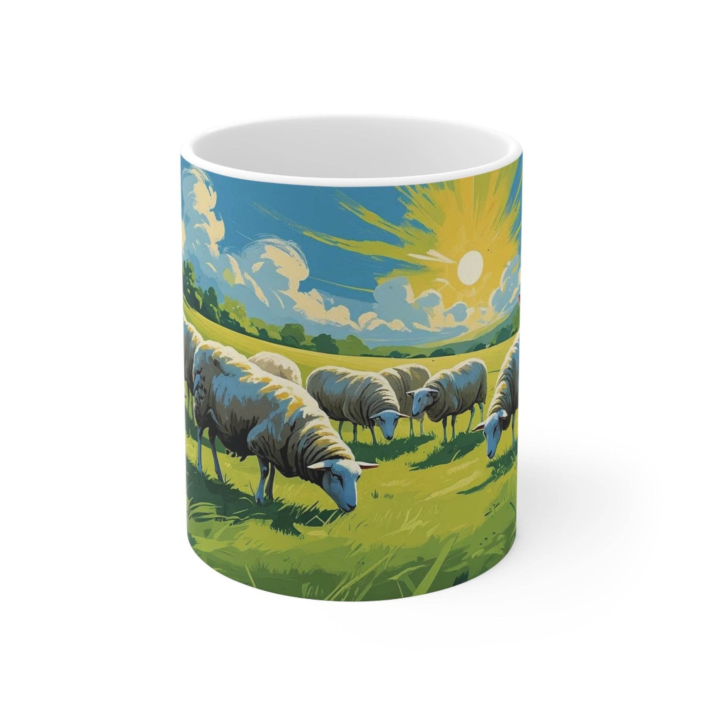 Ruhiger 325ml Becher im grasende Schafe Design aus glänzender Keramik, der für eine entspannte Stimmung am Morgen sorgt.