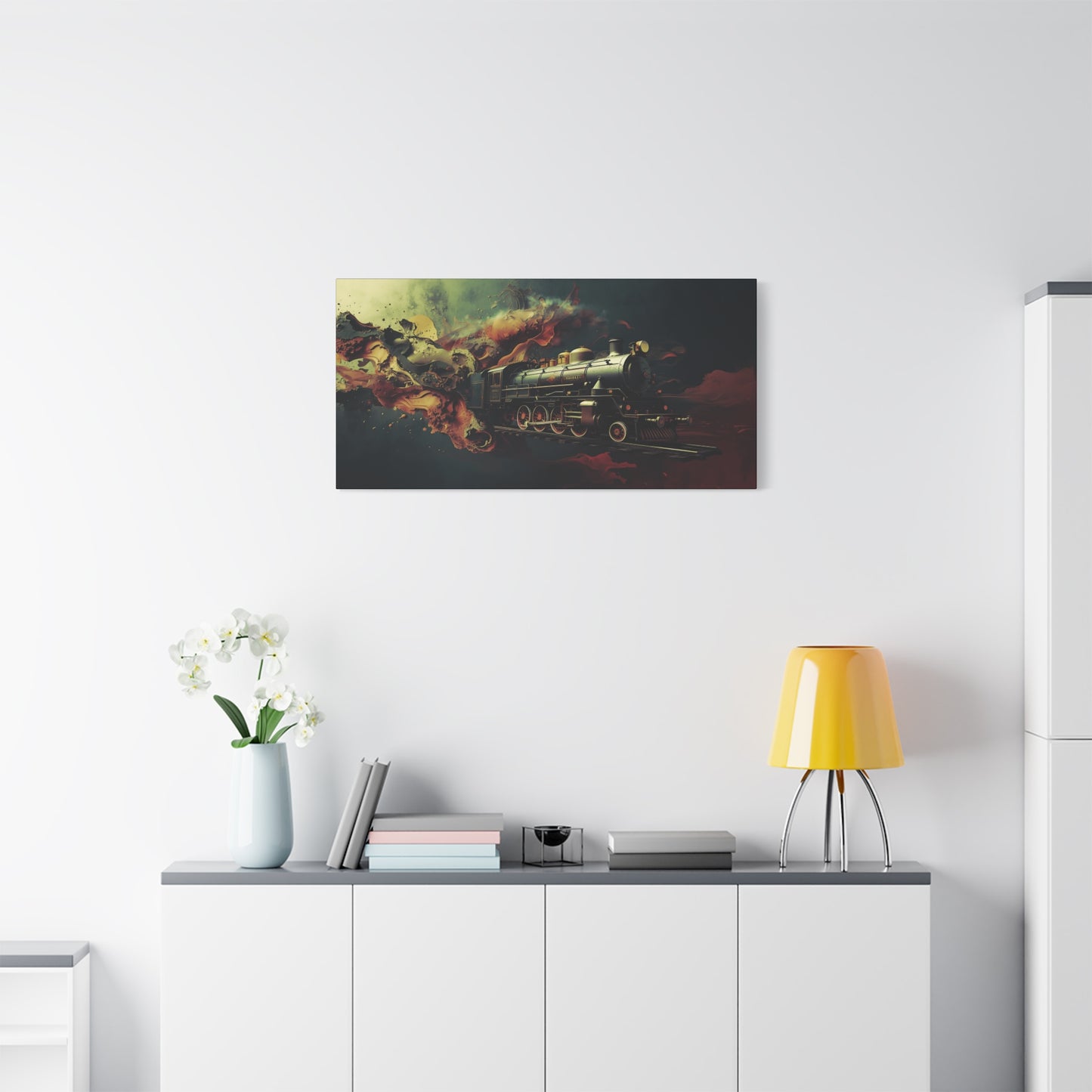 Steam Locomotive Wall Art Canvas — Vintage Train in Fiery Smoke