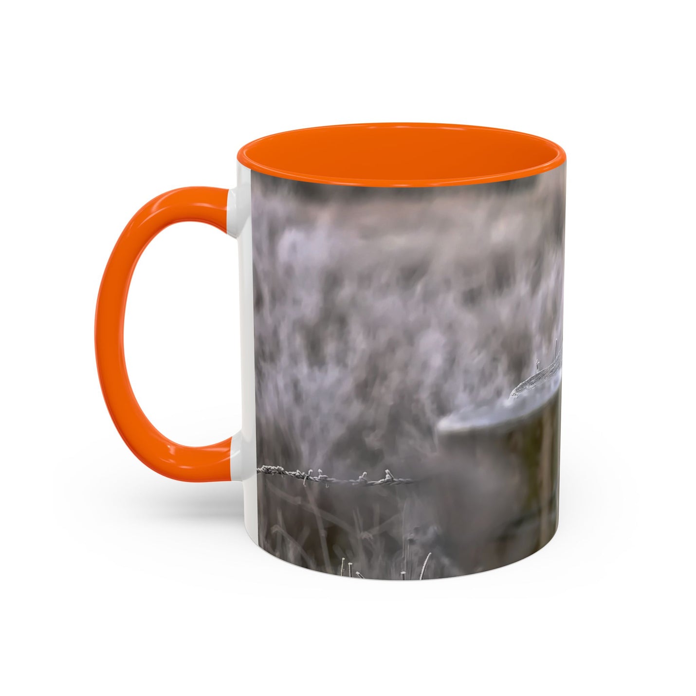 Rustic 11oz robin mug with an Orange handle and interior nature photography.