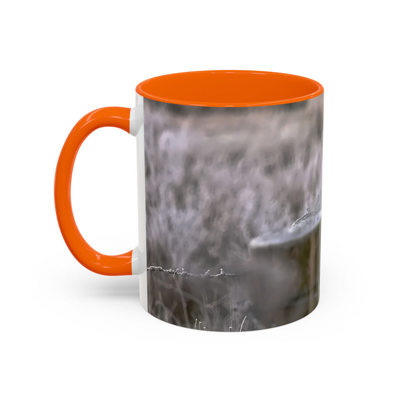 Rustic 11oz robin mug with an Orange handle and interior nature photography.
