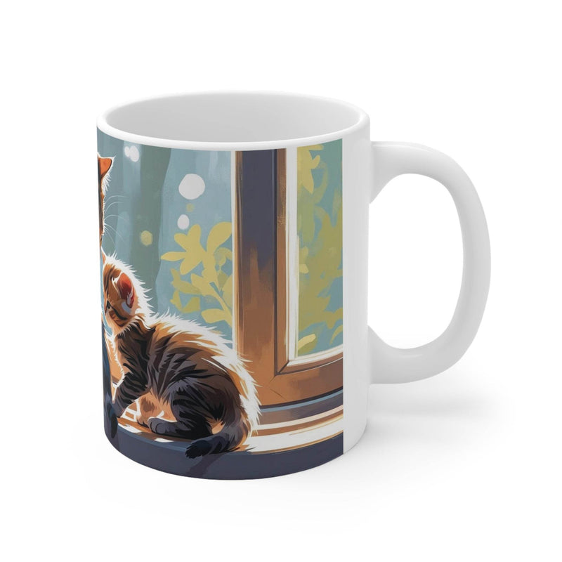Hochwertiger 325ml Becher mit praktischem Henkel, bedruckt mit einer kunstvollen Illustration einer gemütlichen Katzenfamilie.