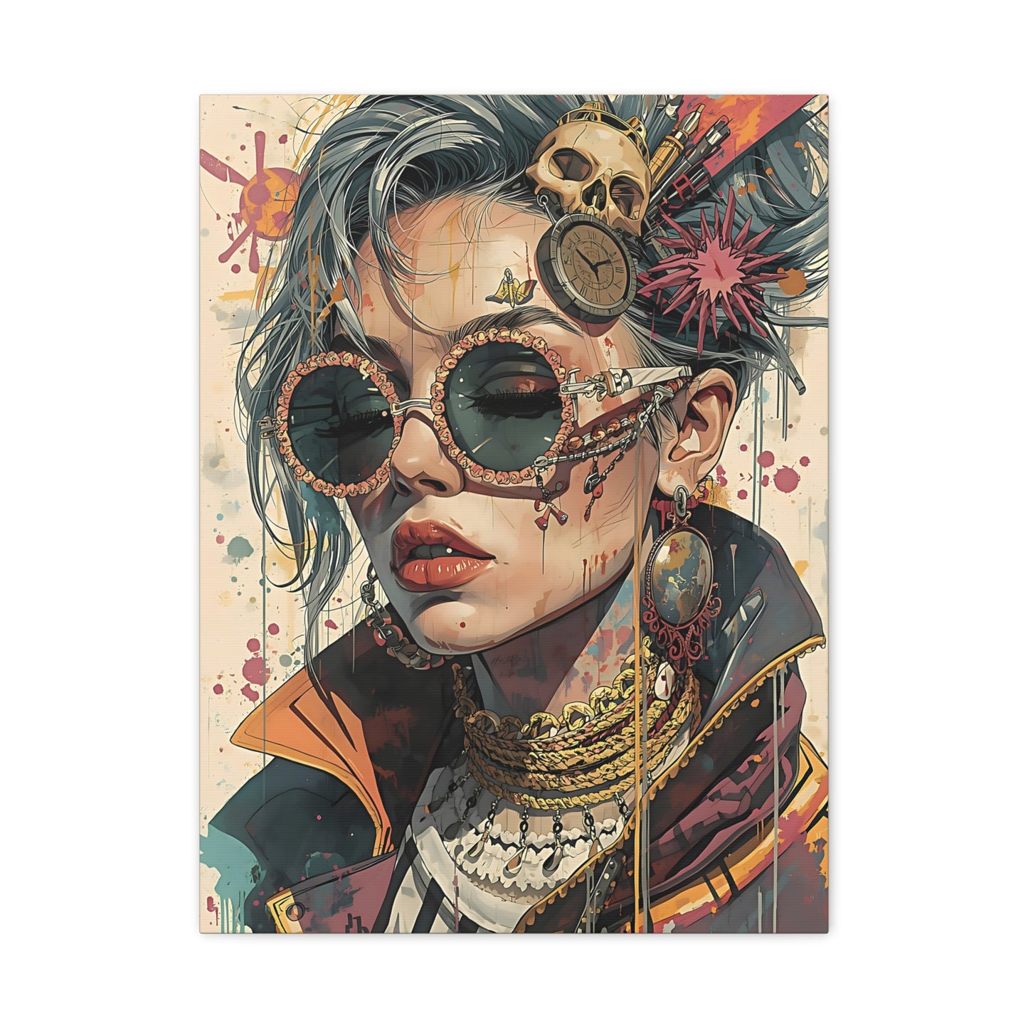 Steampunk Portrait Matte Canvas Art – Edgy Sunglassed Woman Wall Decor