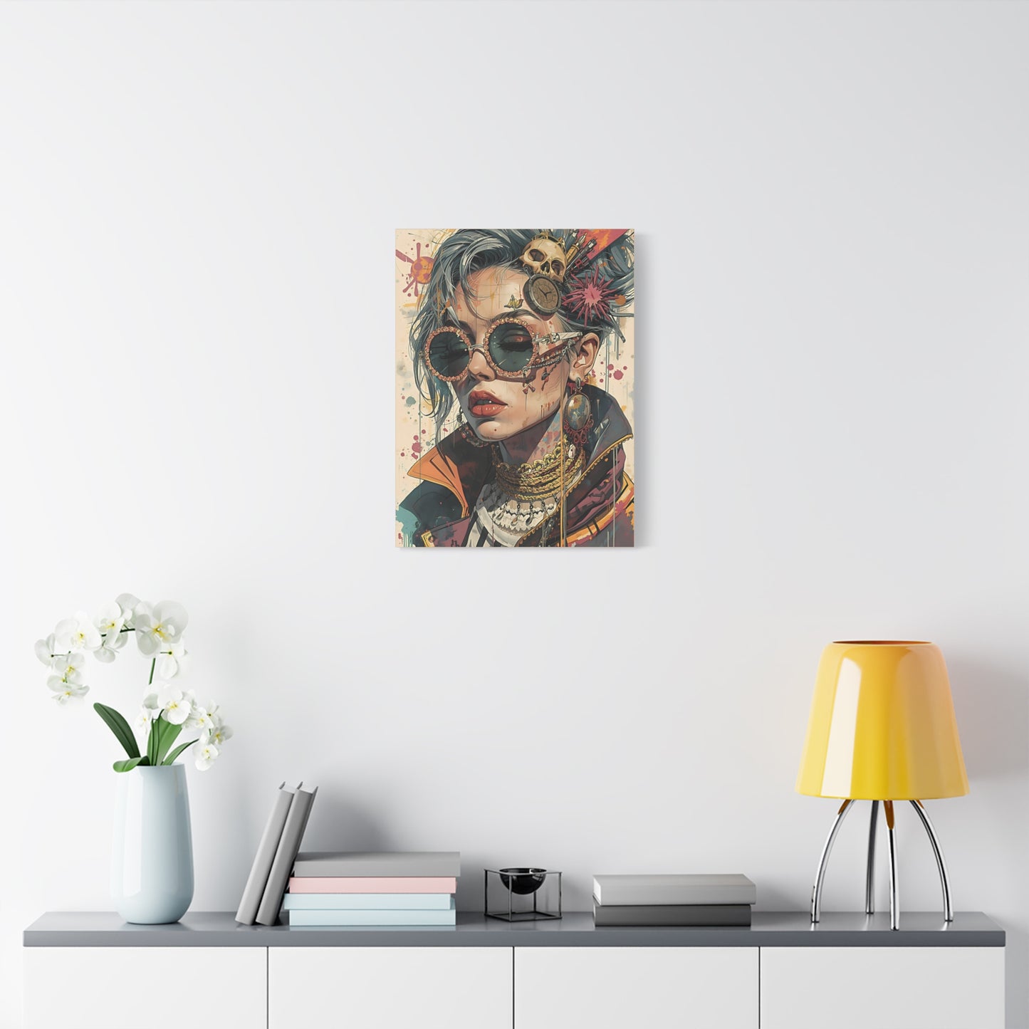 Steampunk Portrait Matte Canvas Art – Edgy Sunglassed Woman Wall Decor
