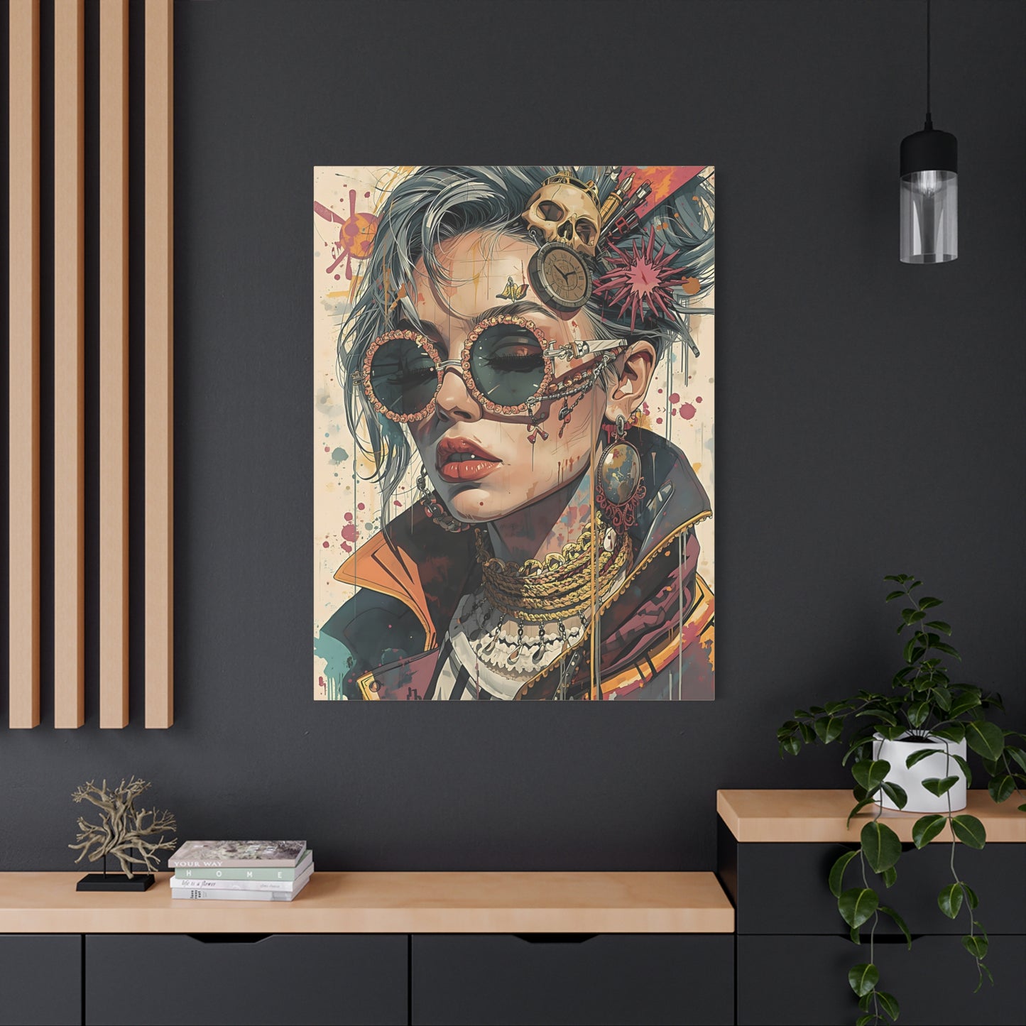 Steampunk Portrait Matte Canvas Art – Edgy Sunglassed Woman Wall Decor