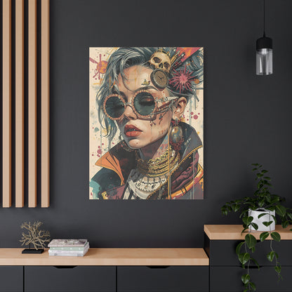 Steampunk Portrait Matte Canvas Art – Edgy Sunglassed Woman Wall Decor