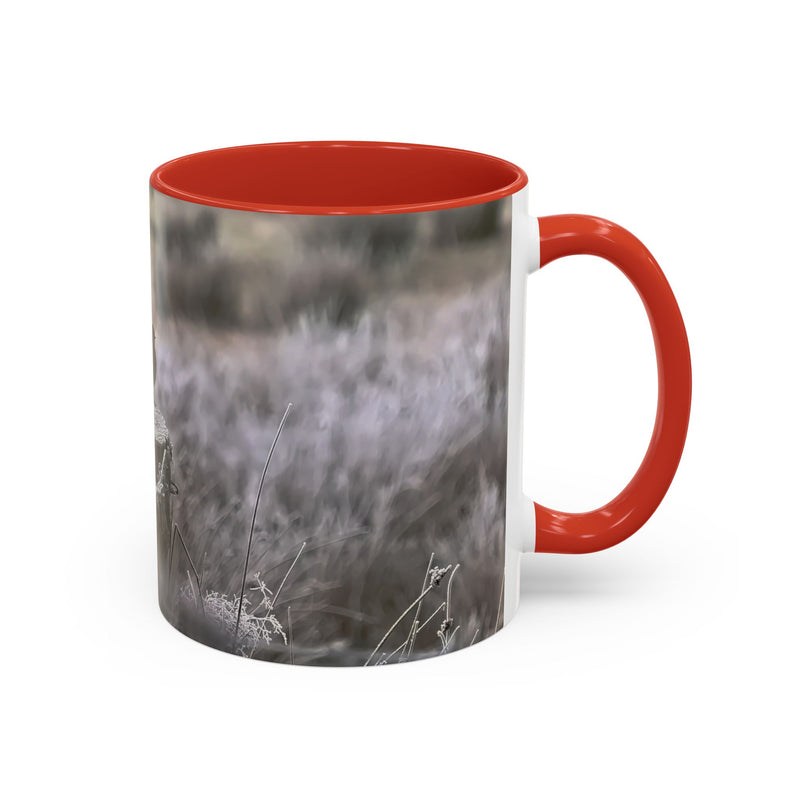 Robin nature print on an 11oz mug with a Red handle and interior.