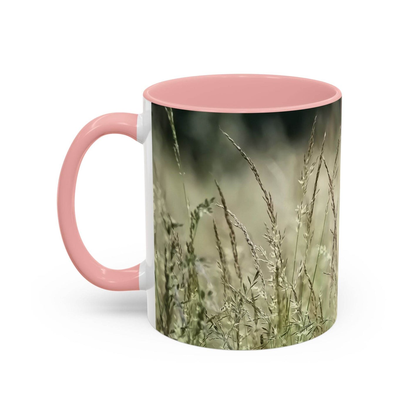 Ein 325ml blühendes Gras Keramik-Becher mit einem rosa Henkel und einer rosa Innenseite für charmante Kaffeepausen.
