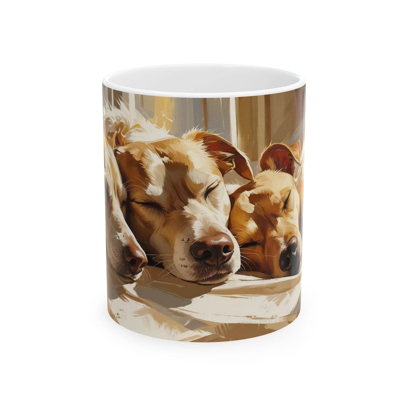 Charming 11oz ceramic mug capturing four sleepy canine friends, perfect drinkware and a delightful addition for pet lovers.