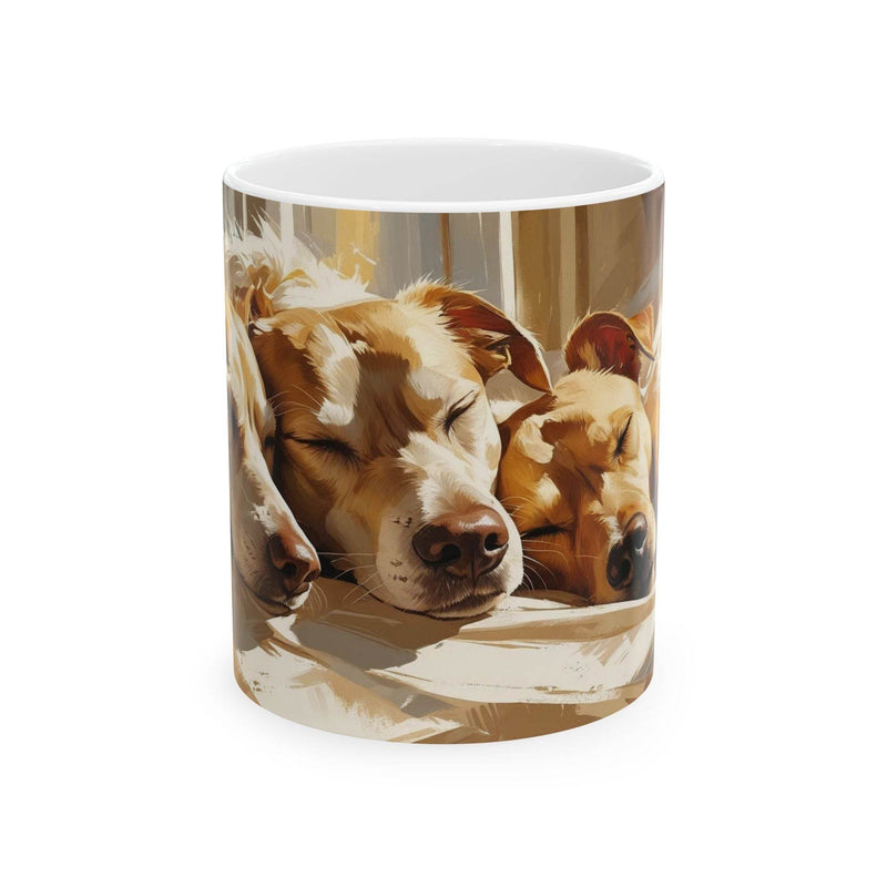 Charming 11oz ceramic mug capturing four sleepy canine friends, perfect drinkware and a delightful addition for pet lovers.