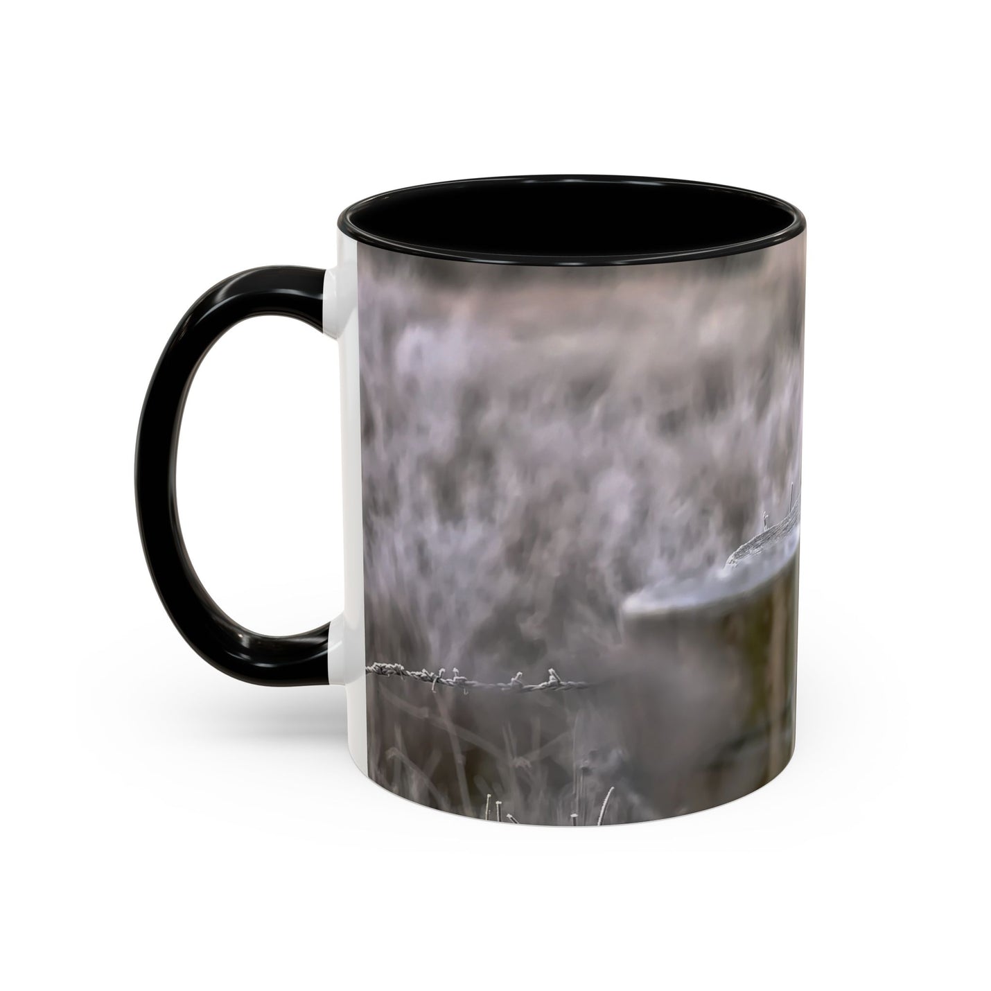Rustic 11oz robin mug with a Black handle and interior nature photography.