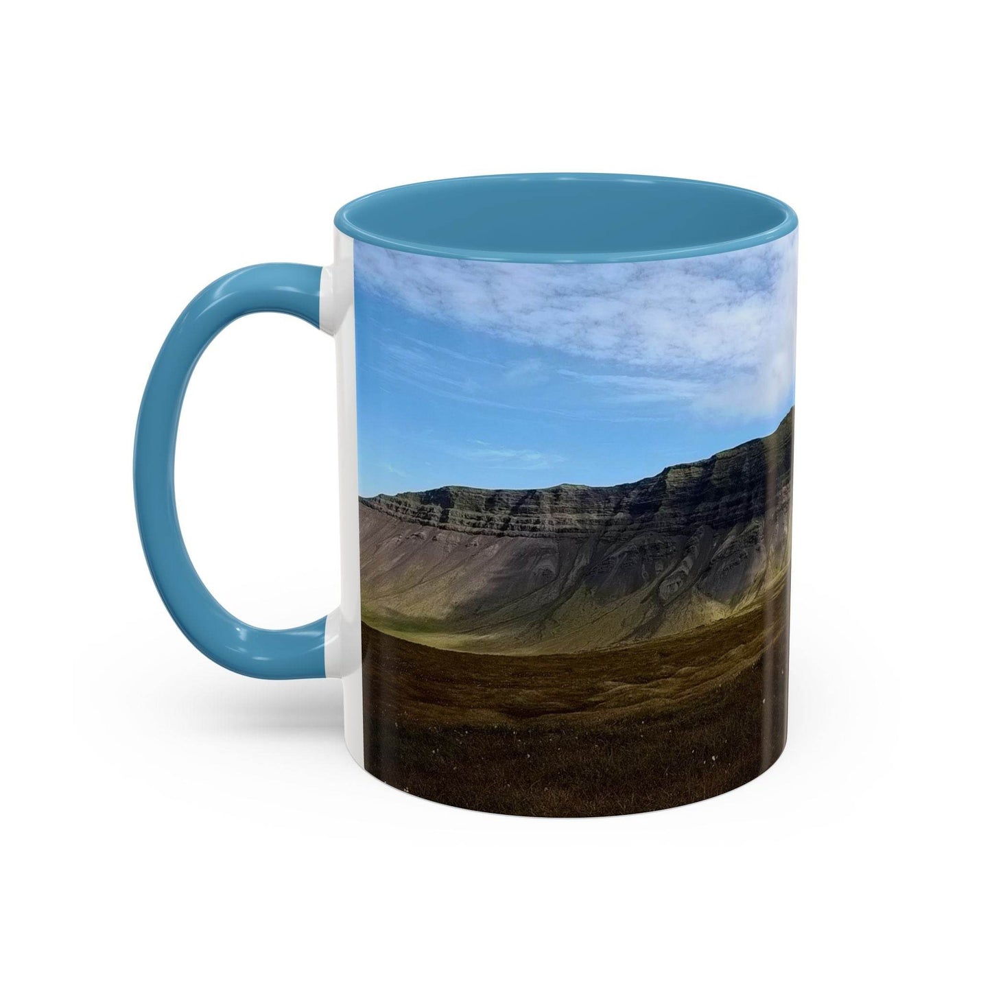 Cozy morning scene with 11oz Coffee Mug - Iceland Scenery, with a light blue handle and light blue inside.