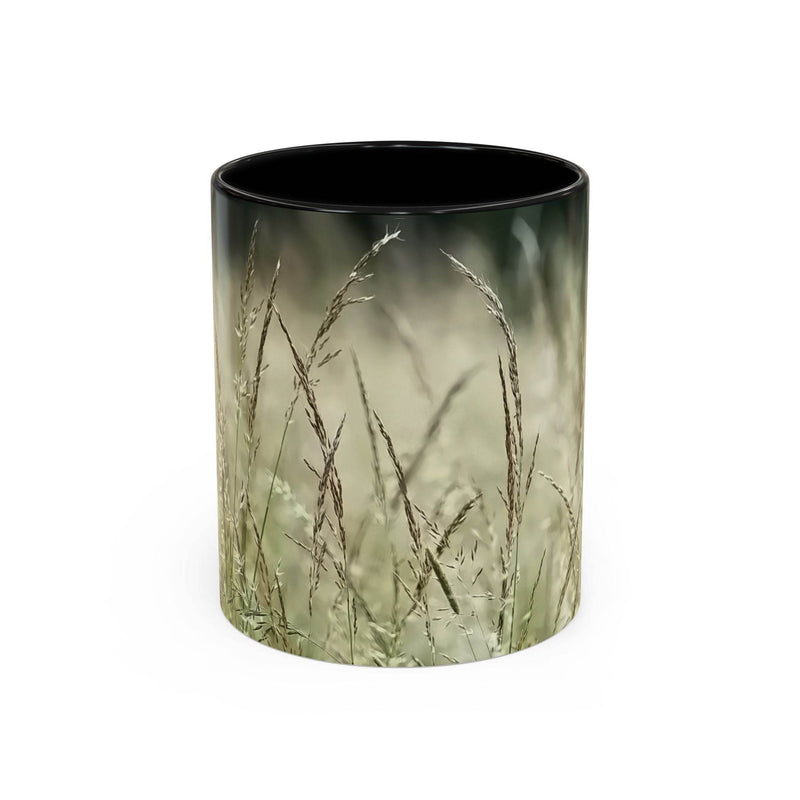 Schöner 325ml Natur-Becher mit blühendem Grasdruck, gestaltet mit einem eleganten schwarzen Henkel und schwarzer Innenseite.