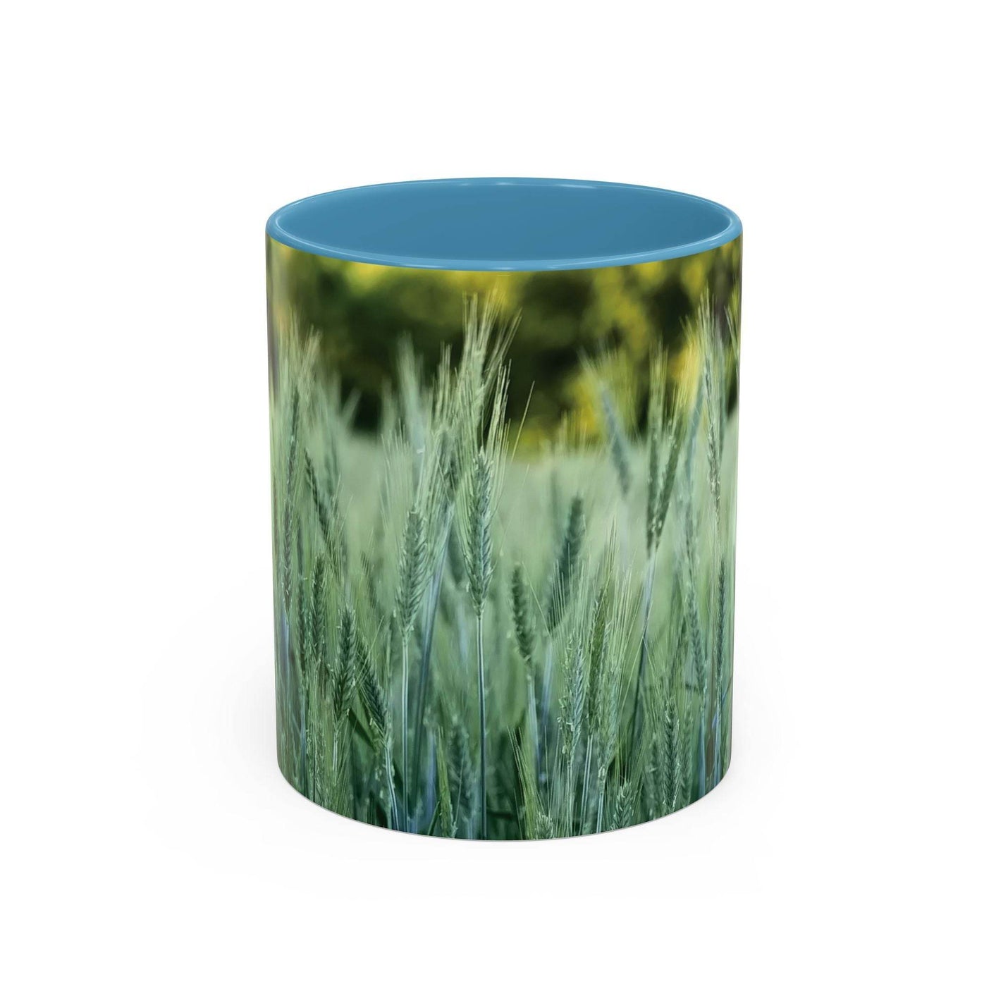 Schöner 325ml Natur-Becher mit Weizenfeld-Druck, gestaltet mit einem sanften hellblauen Henkel und hellblauer Innenseite.