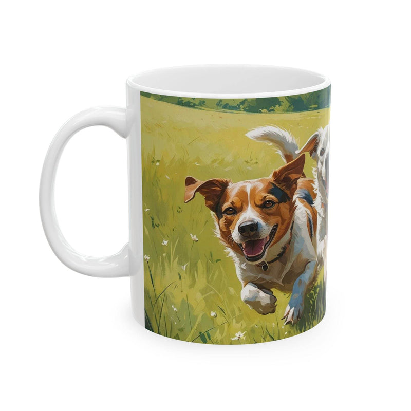 Charming 11oz ceramic Mug - Running Dogs in a Meadow Coffee Mug showing a playful nature scene on a rustic wooden counter.