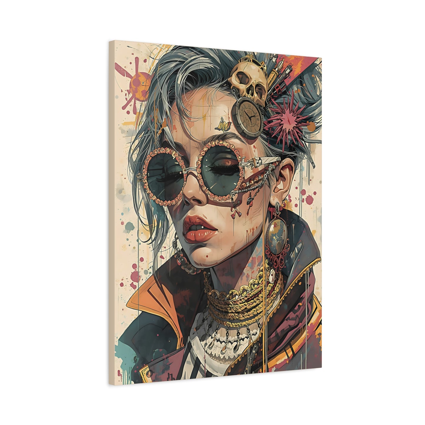 Steampunk Portrait Matte Canvas Art – Edgy Sunglassed Woman Wall Decor