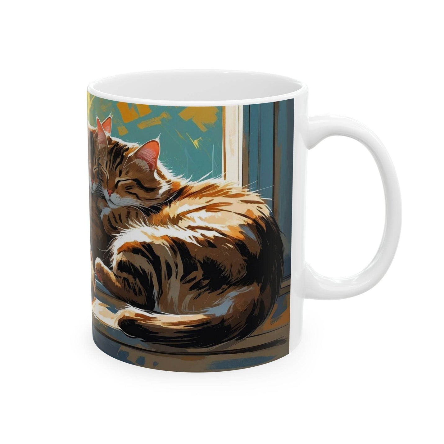 Premium 11oz cat themed Mug - Three Cats Sleeping on a Windowsill Ceramic Coffee Mug filled with hot tea on a rustic wooden table.