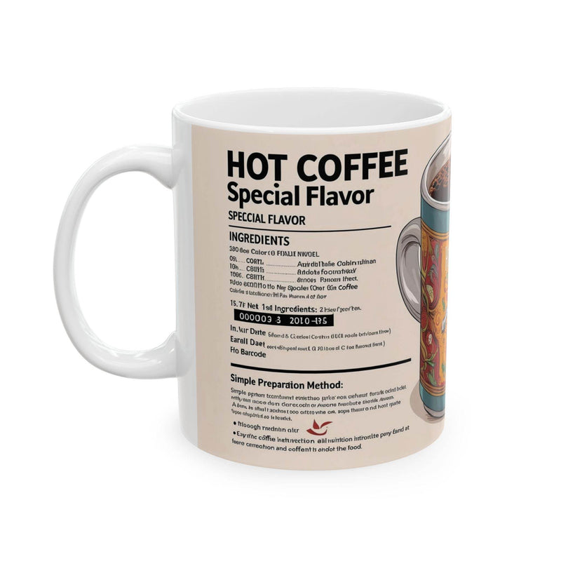 Premium 11oz nature-inspired ceramic coffee mug featuring the Hot Coffee Special Flavour design on a rustic wooden table.