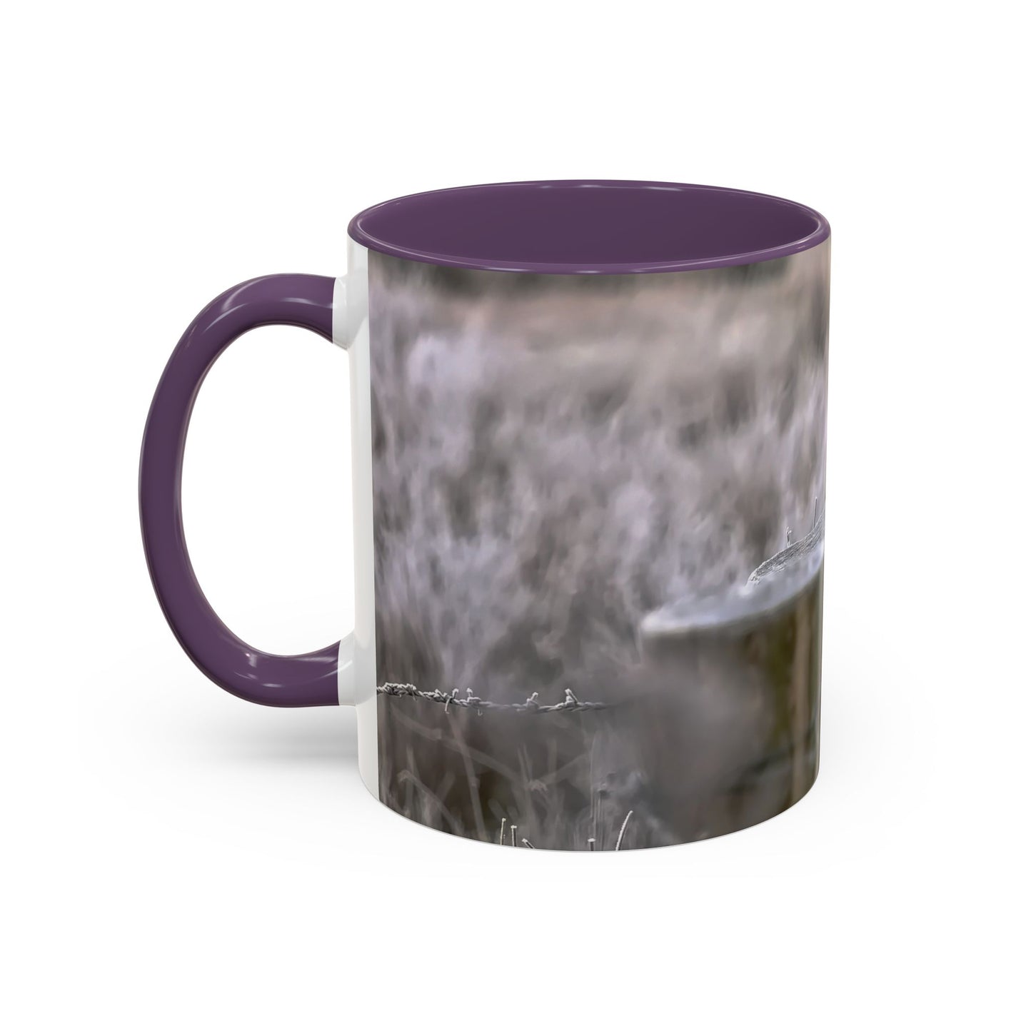 Rustic 11oz robin mug with a Purple handle and interior nature photography.
