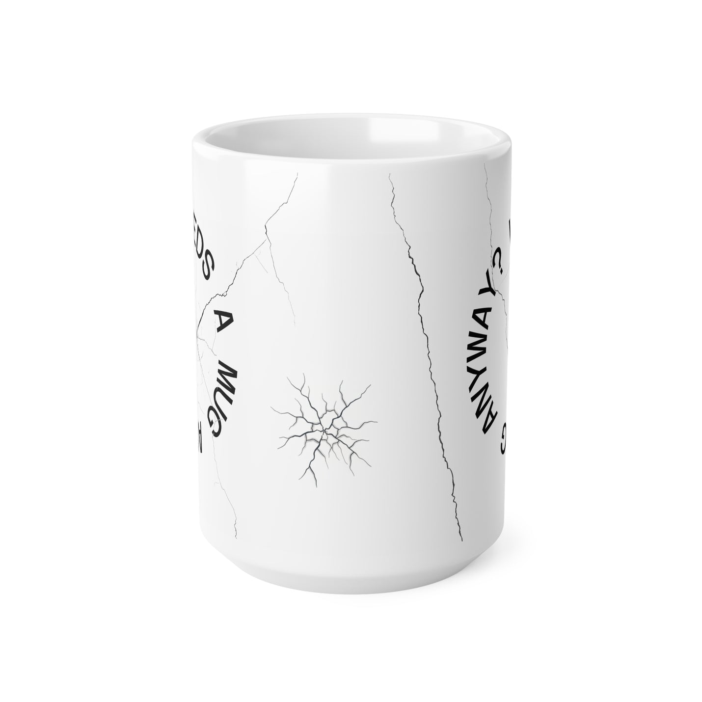 Large 440ml ceramic mug with dark humor artwork showing a broken design cup and cheeky text for strong coffee lovers.