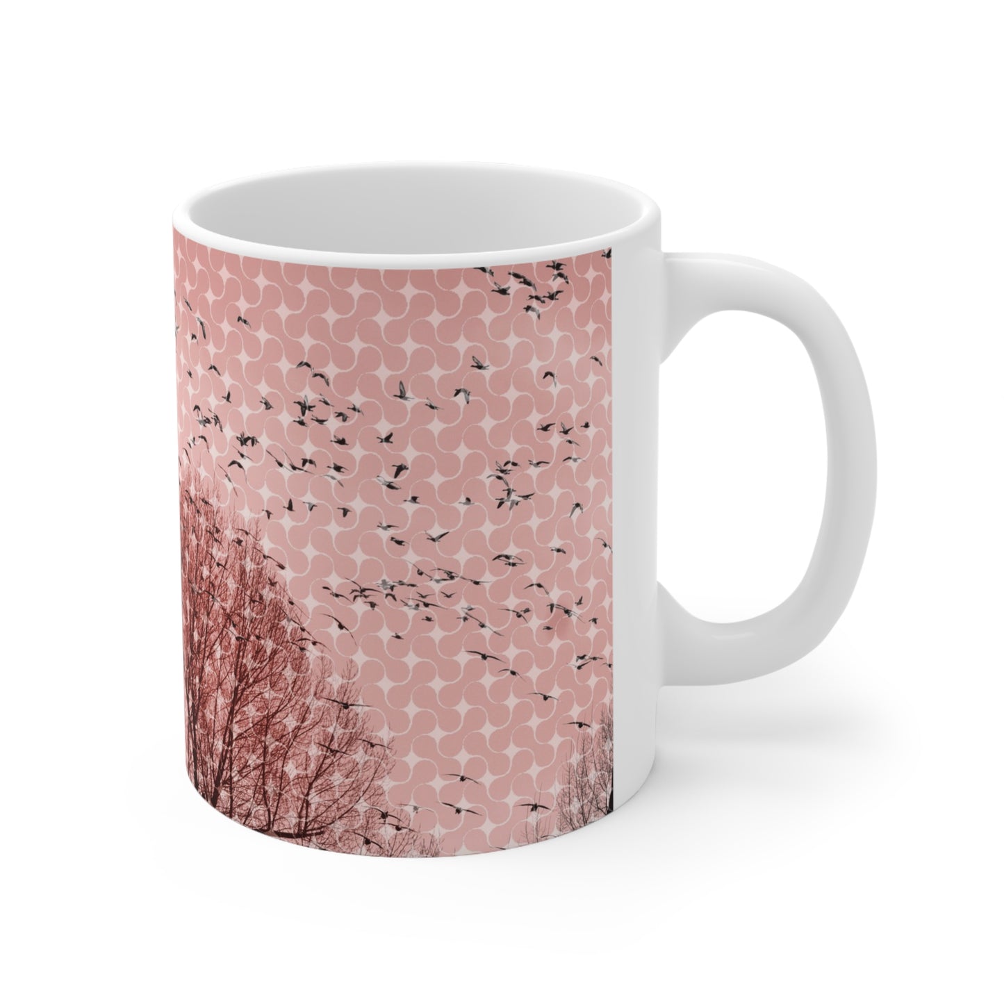 Birds at Dusk Ceramic Mug — Pink Tree Silhouette Coffee Mug