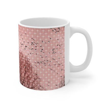 Birds at Dusk Ceramic Mug — Pink Tree Silhouette Coffee Mug