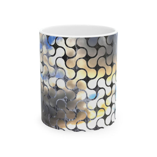 Abstract Mosaic Ceramic Coffee Mug – Blue & Neutral Pattern, 11oz/15oz