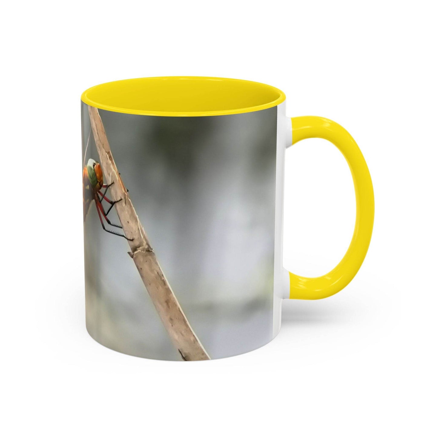 High-quality 325ml ceramic mug featuring a dragonfly illustration with an eye-catching contrast yellow handle and interior.