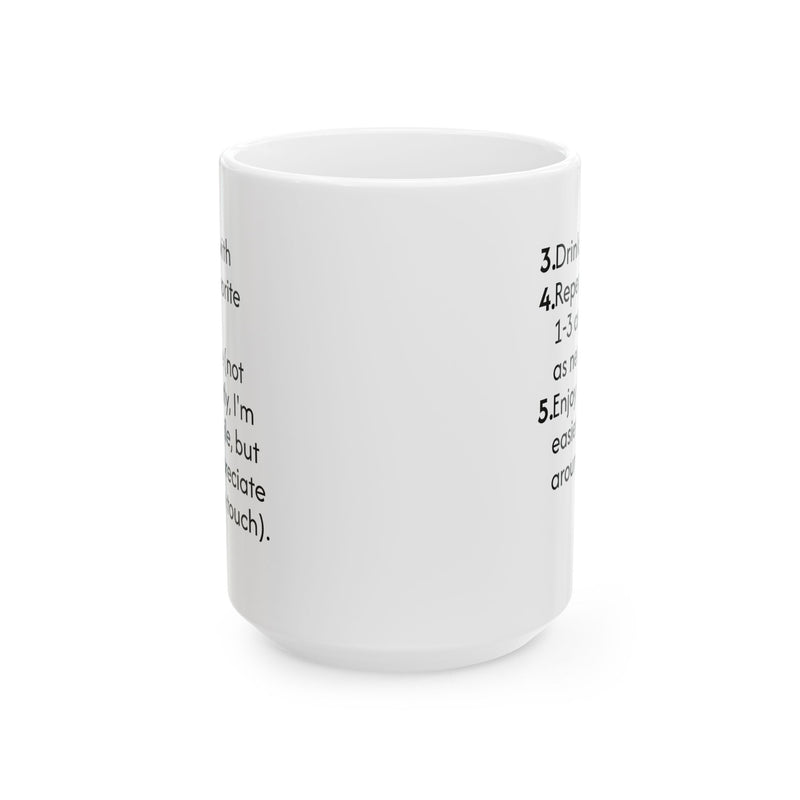 Charming 15oz instructional coffee mug designed with a comfortable C-shaped handle, lending personality to your kitchen shelf.