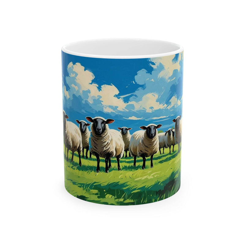 Whimsical 11oz Mug - Curious Sheep - Ceramic Coffee Mug standing beautifully next to fresh green botanical plants.