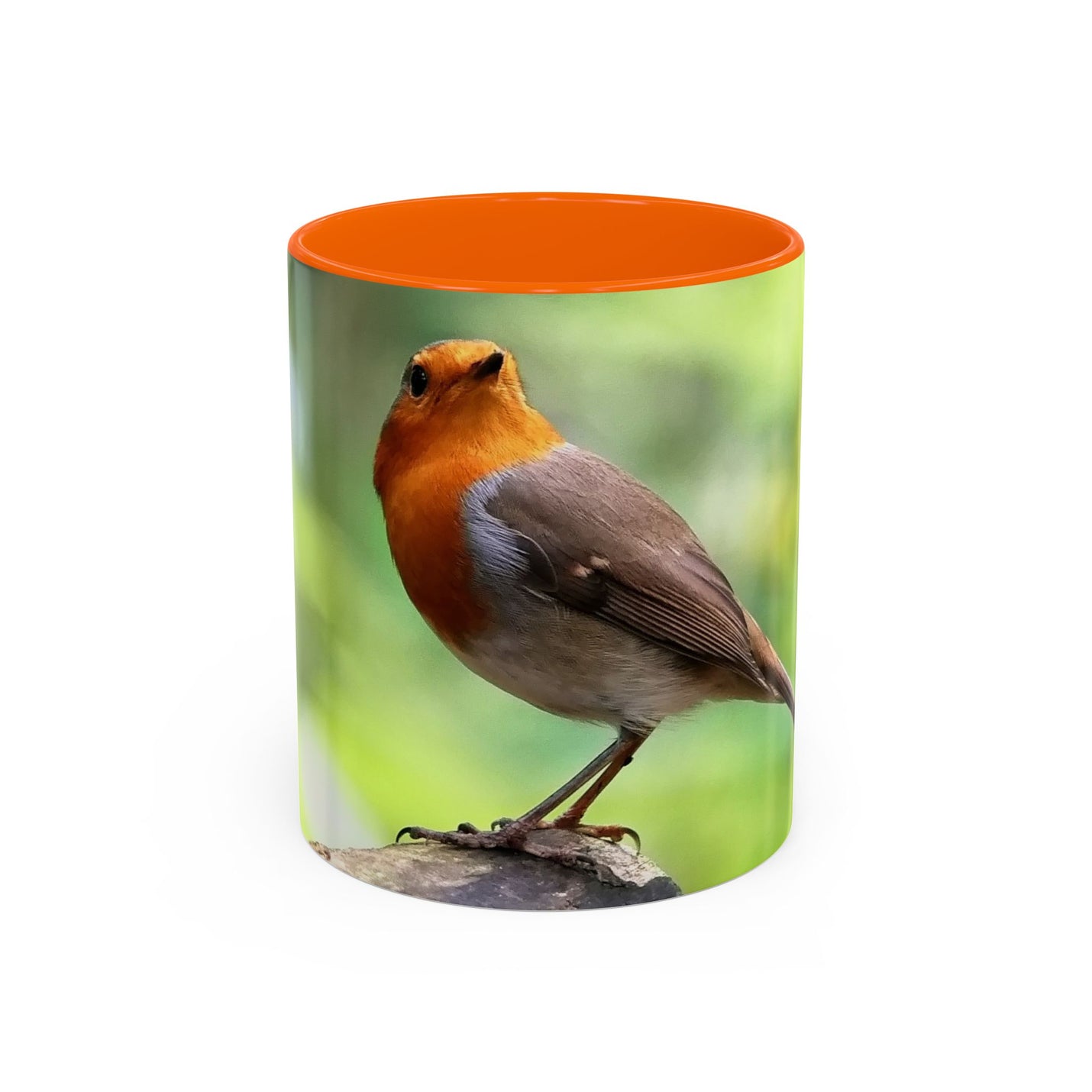 Stately Robin Ceramic Mug 325ml with Orange handle and interior — warm orange accents on robin mug.