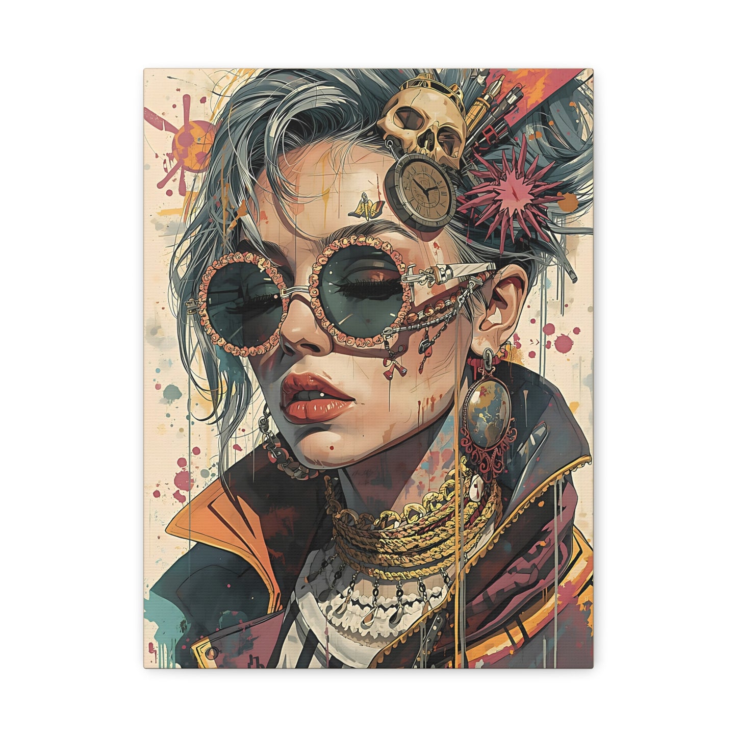 Steampunk Portrait Matte Canvas Art – Edgy Sunglassed Woman Wall Decor
