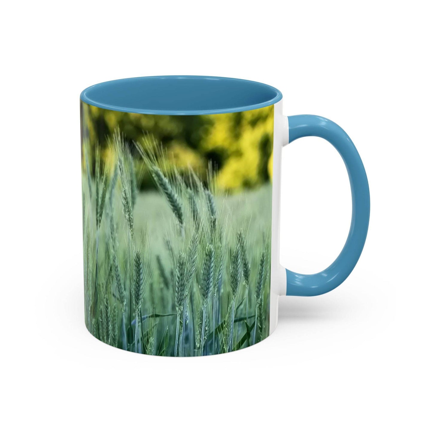 Serene 11oz Mug - Wheat Field Design Coffee Mug showing the light blue handle and light blue inside space.