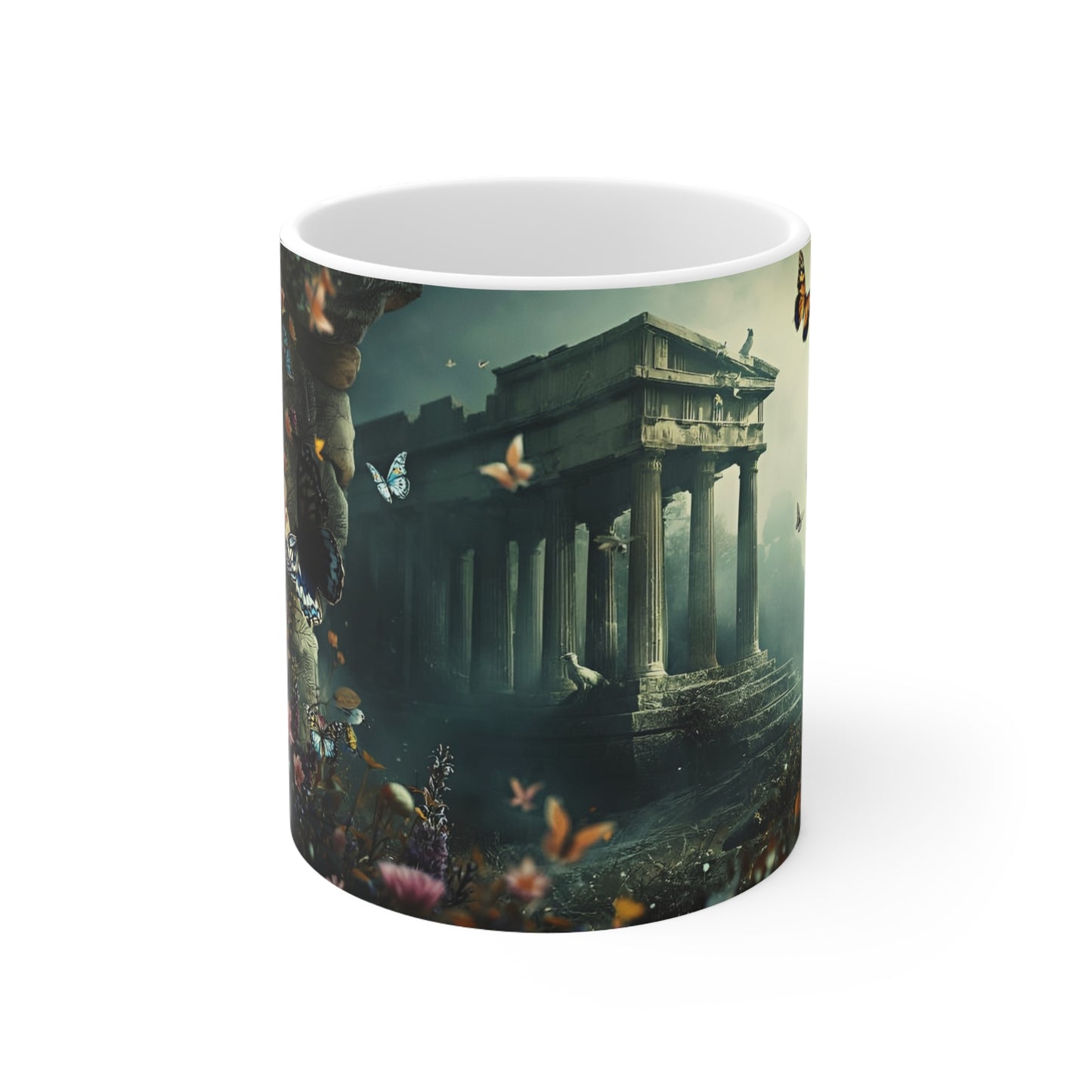 Mythic Garden Ceramic Mug — Ancient Ruins, Dear & Butterfly Floral Coffee Cup