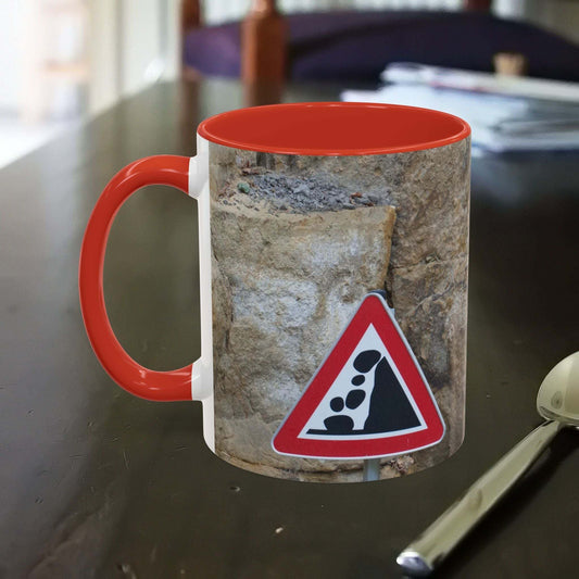 Rocky Mug with falling rocks design for mountain lovers and adventurers.