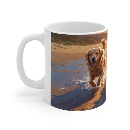 Mug - Running Dogs on the Beach at Sunset Ceramic Coffee Cup - A Pretty Print