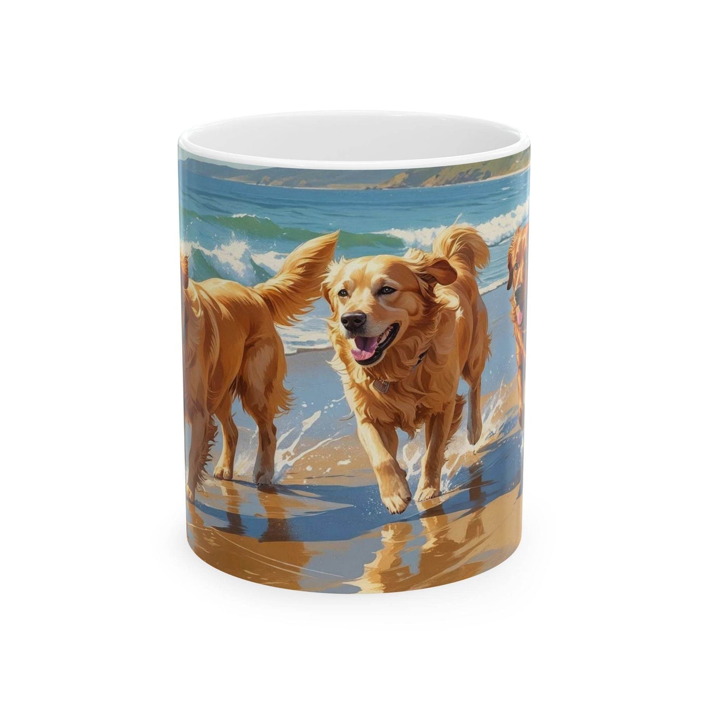 Vibrant 11oz panoramic Mug - Dogs on the Sunny Beach Ceramic Coffee Mug standing right next to green botanical plants.