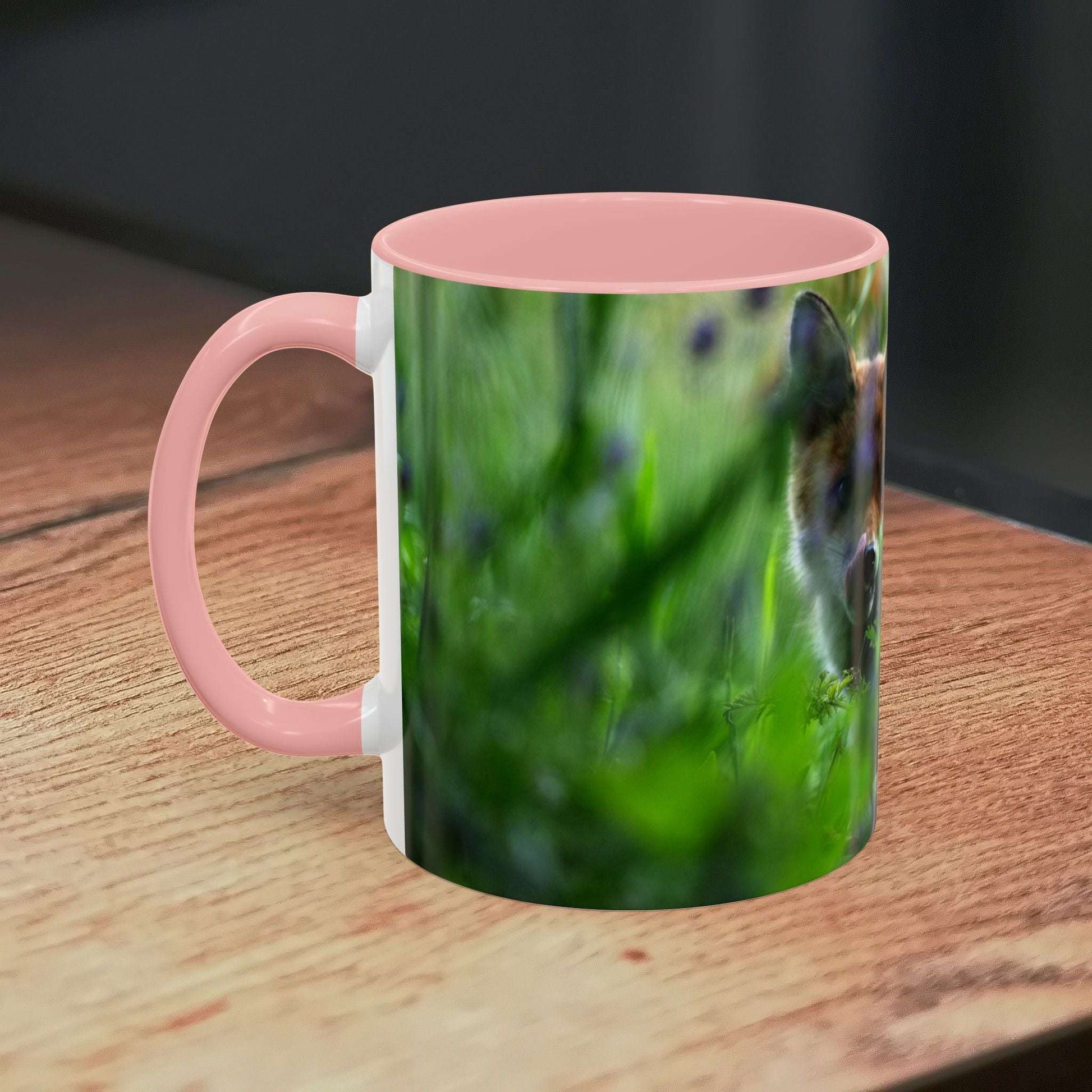 Fox-inspired accent coffee mug with nature theme and vibrant colors.