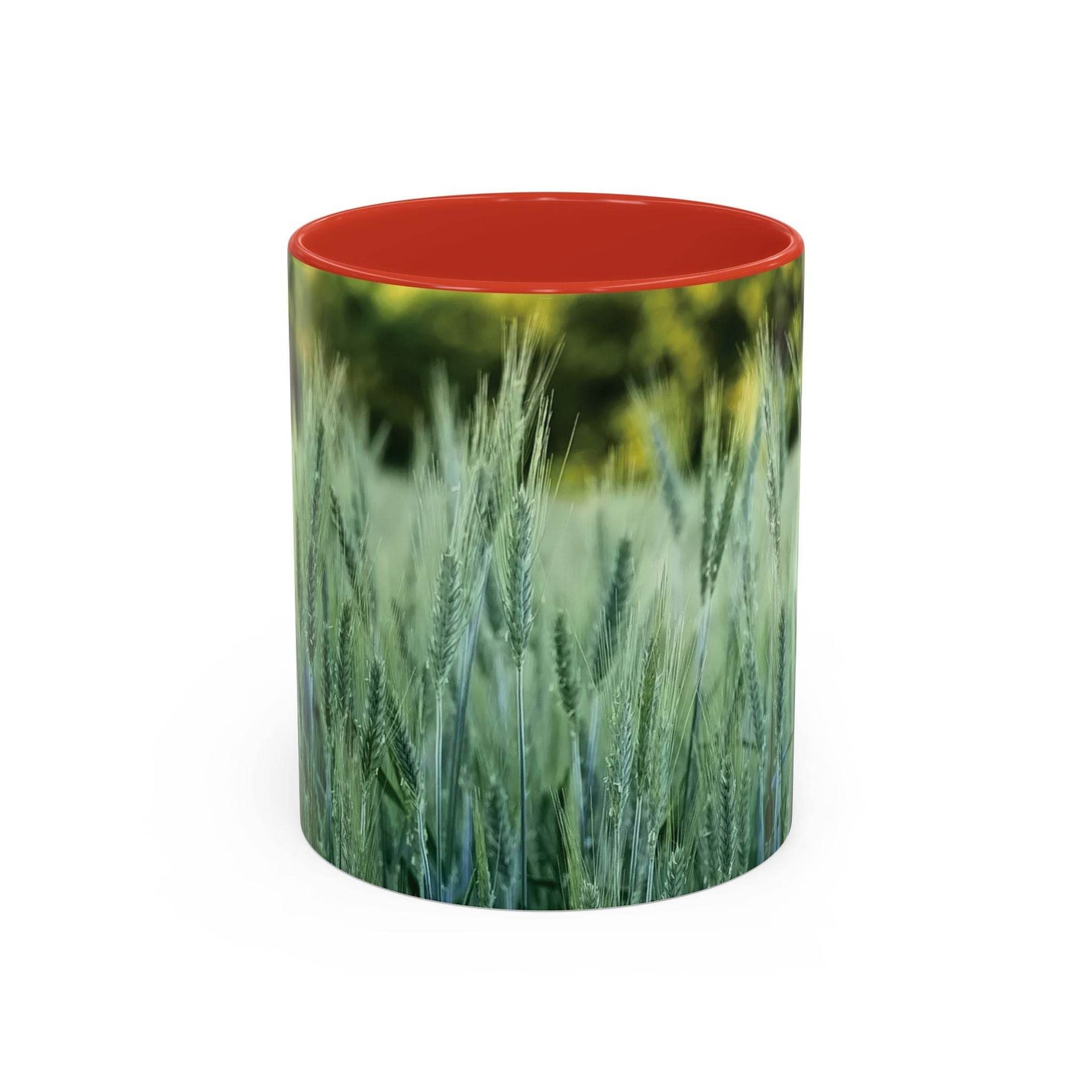 Schöner 325ml Natur-Becher mit Weizenfeld-Druck, gestaltet mit einem kräftigen roten Henkel und roter Innenseite.